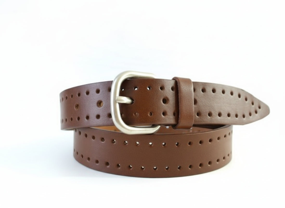 Ceinture en cuir perforée - Boucle argentée vintage