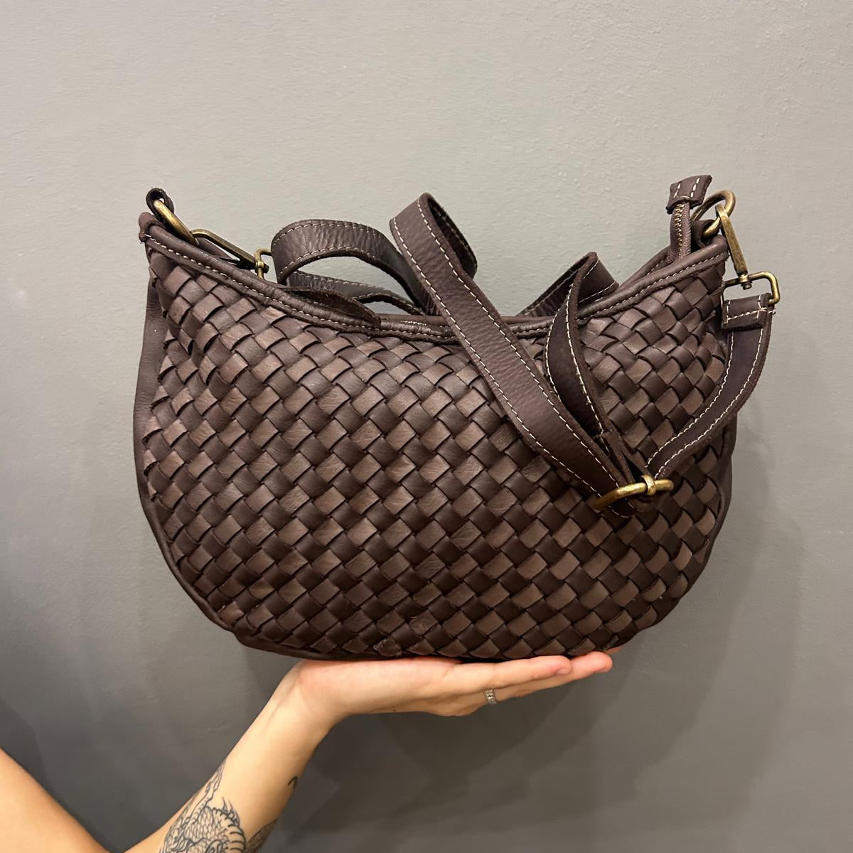 Sac tressé en cuir italien, Modèle FRANCESCA, couleur chocolat