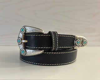 Ceinture en cuir bleu nuit avec boucle western ornée de turquoise