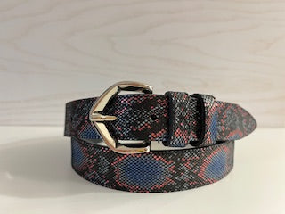 Ceinture imprimée python multicolore avec boucle en forme de pentagone